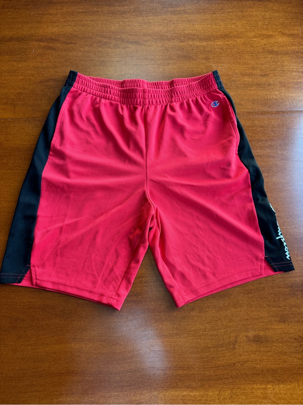 Champion Red Athletic Shorts with Black Side Panels